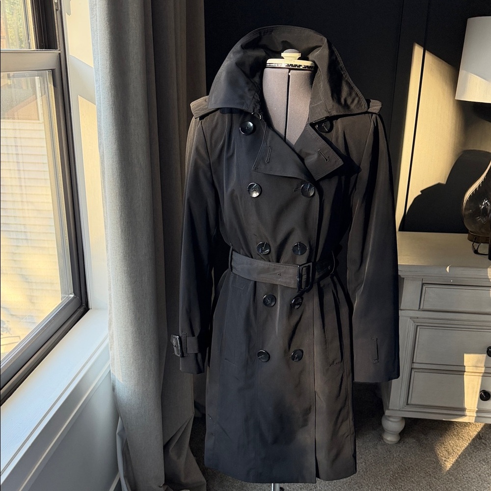 Anne Klein Trench Coat Lined Doube Breasted Belted Black Size S Classic - Picture 2 of 14